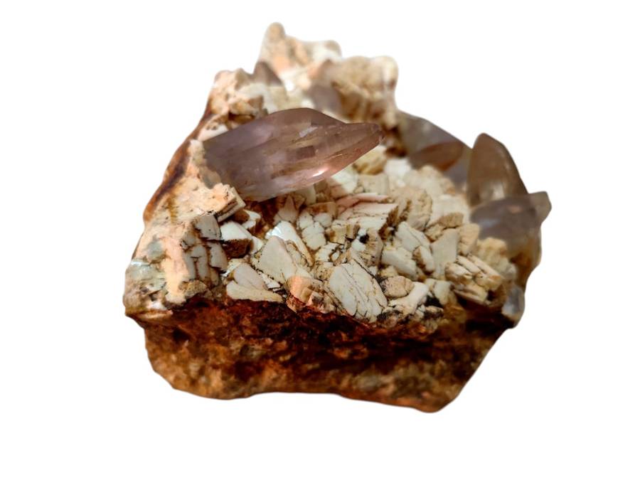 Smoky quartz points with feldspar cluster, Zomba in Malawi, 19 x 13 x 15.5cm, 3.95kg