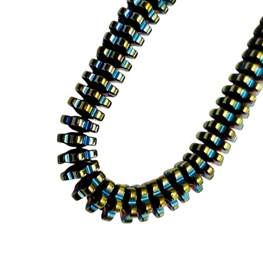 Metallic Green & Gold Electroplated Hematite Gear / flower Bead Strand (6mm)