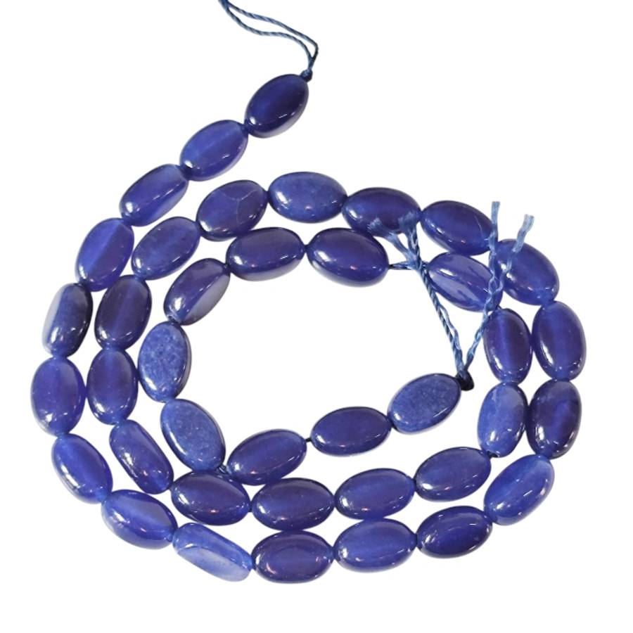 Sapphire colour jadeite smooth oval shaped bead strand, 9 x 6.2mm, 37.5cm