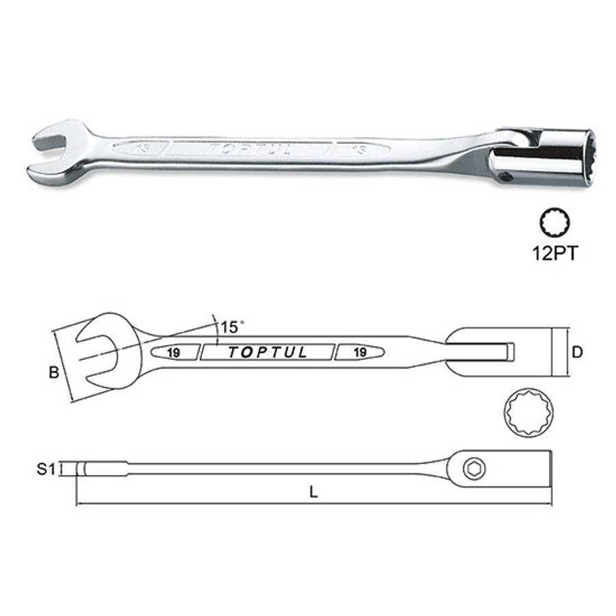 *CLEARANCE SALE* TOPTUL - 15 MM SWIVEL SOCKET COMBO WRENCH        AEEB1515