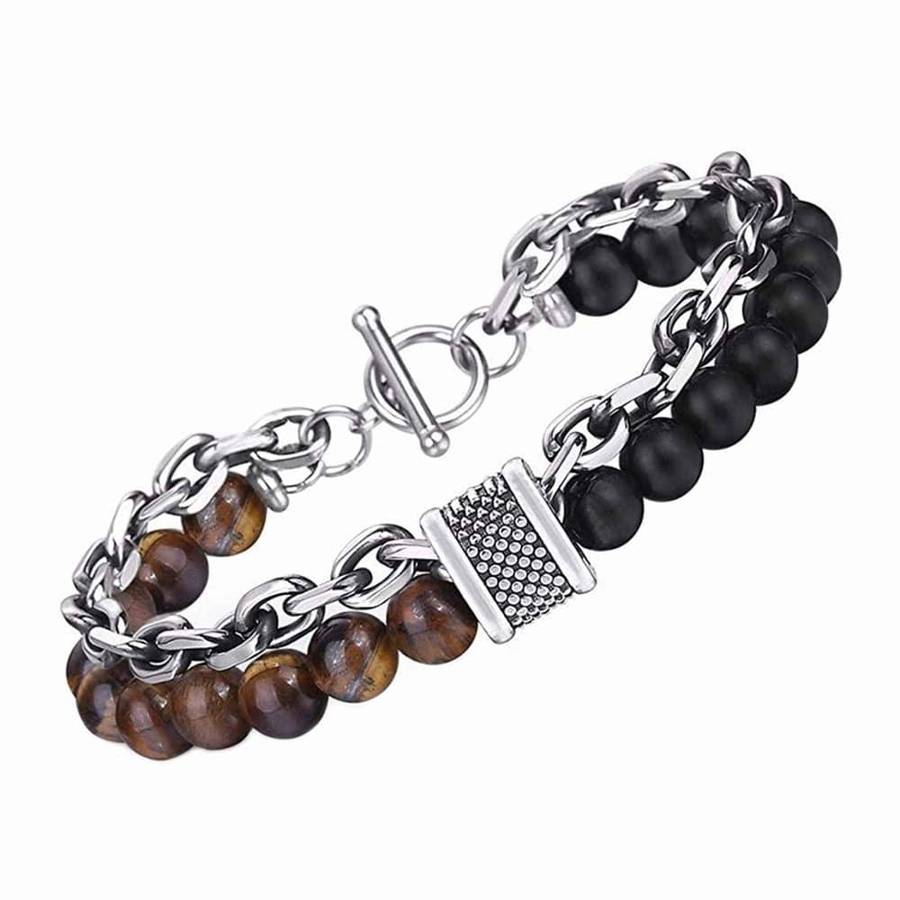 Killer Deals Tiger's Eye Crystal Bead & Stainless Steel Chain Bracelet-L/XL