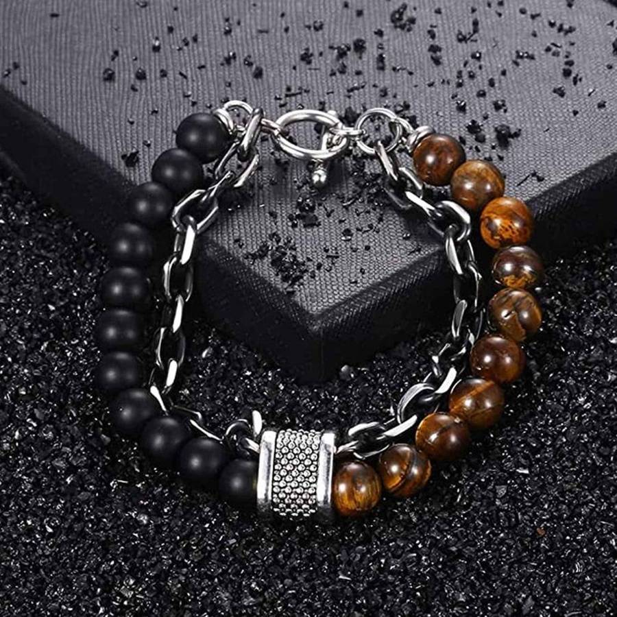 Killer Deals Tiger's Eye Crystal Bead & Stainless Steel Chain Bracelet-L/XL