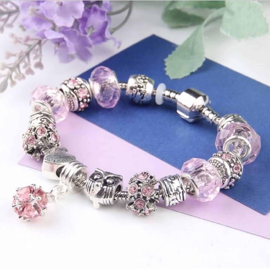 Murano Crystals Carved Plated Snake Chain Fashion Charm Bracelet - Pink