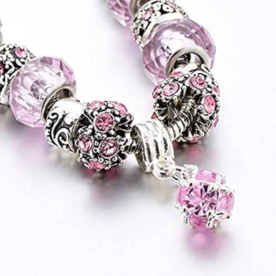 Murano Crystals Carved Plated Snake Chain Fashion Charm Bracelet - Pink
