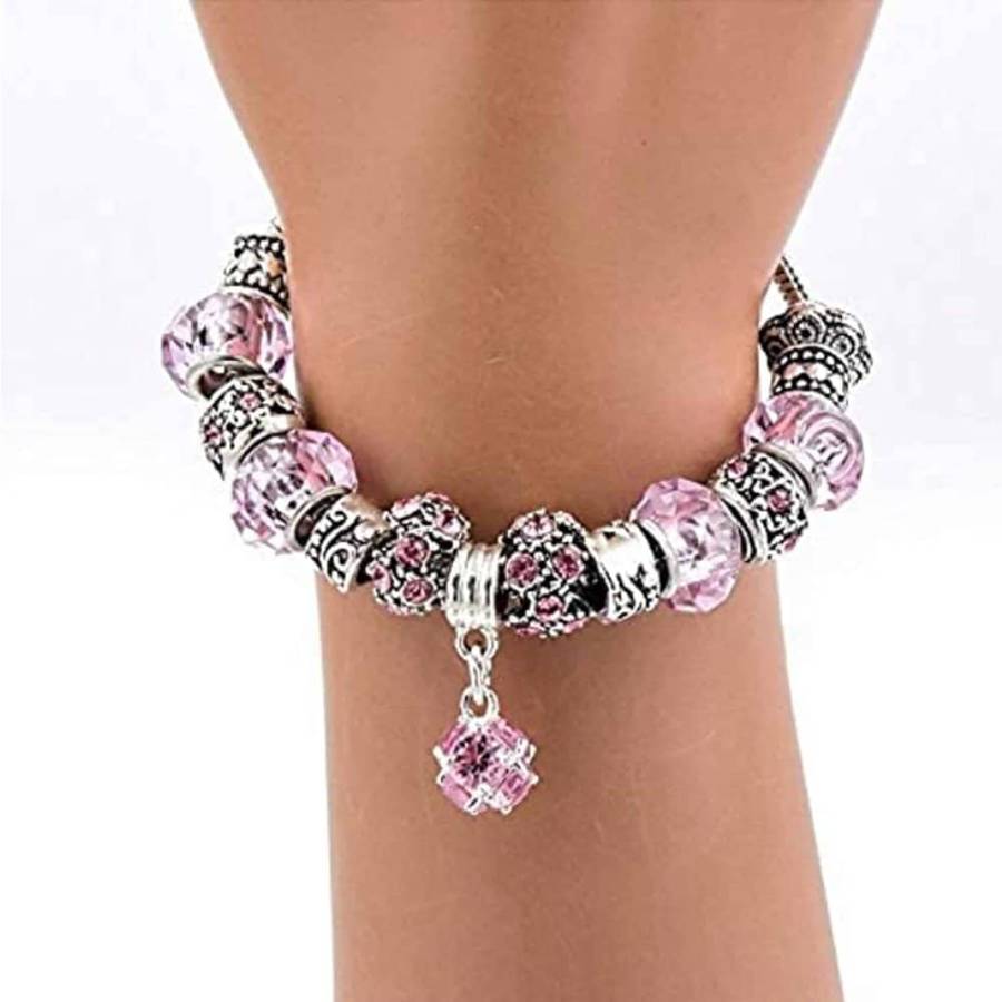 Murano Crystals Carved Plated Snake Chain Fashion Charm Bracelet - Pink