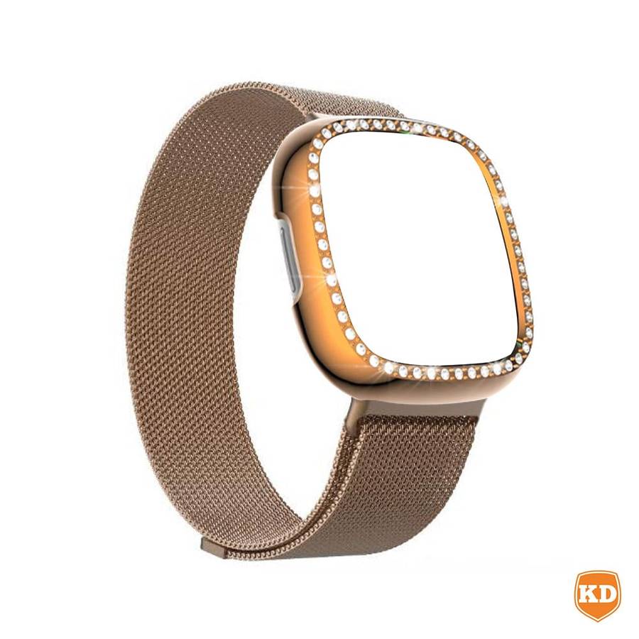 Killer Deals Milanese strap and PC case with diamond for Fitbit Versa 3 ,Sense - Gold Combo
