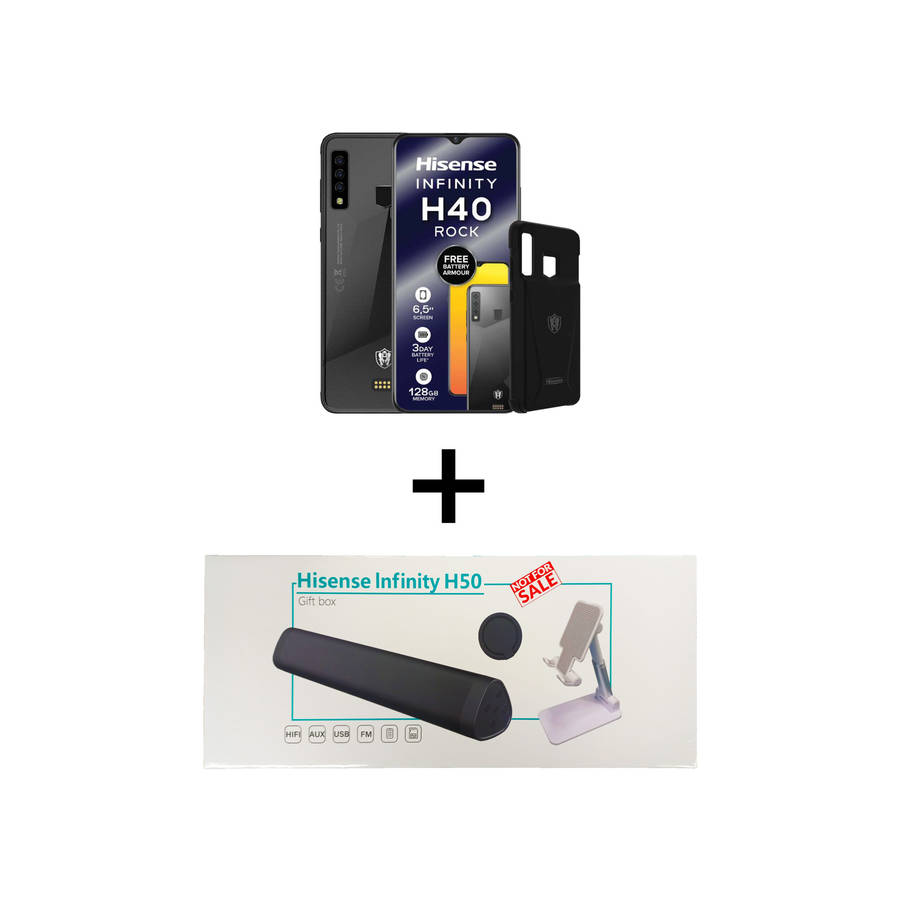 Hisense Infinity H40 Rock 128GB Single Sim - Black + Hisense Sounbar Gift Box