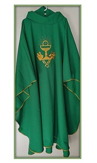 Green Chasuble & Stole with Golden embroidered Chalice, Eucharist & Wheat