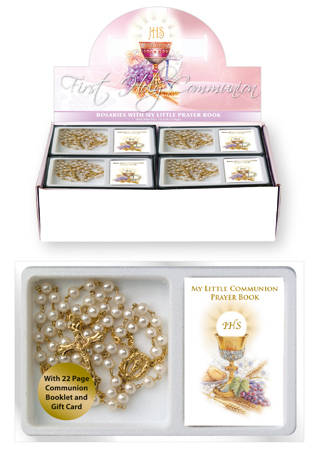 First Holy Communion Faux Glass pearl Rosary with Prayer Book