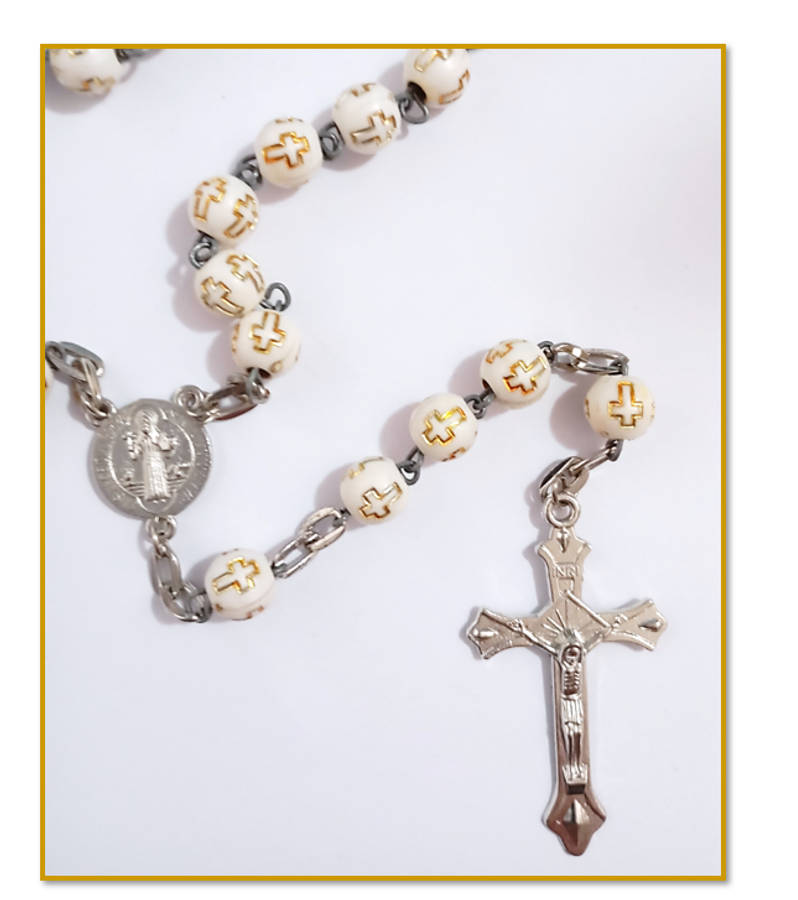 Gold Cross on White Bead Rosary - 5 decade
