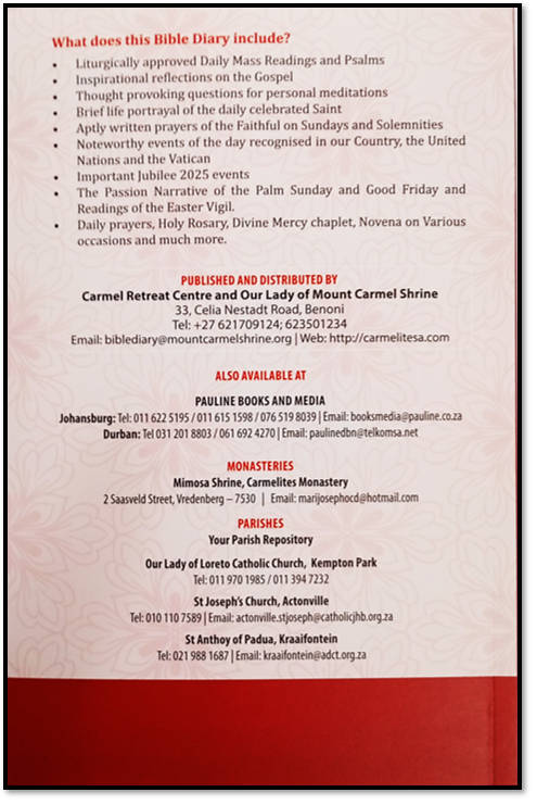 2025 - Bible Diary - Springs of Carmel - Jubilee 2025 (Pilgrims of Hope)