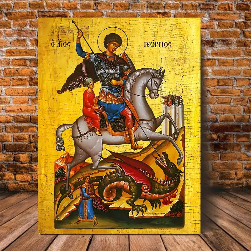 St George Iconography - St George & the Dragon - Canvas Block Mounted - 40cm x 30cm