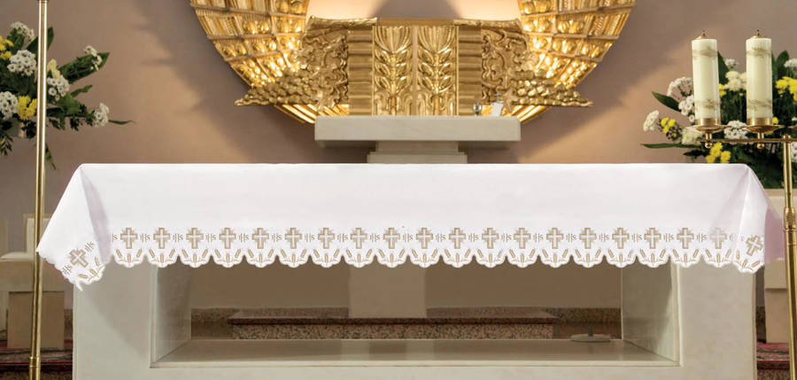 Haftina House Poland - Altar Cloth with Cross, wheat and IHS golden embroidery - 2 x 1.5meter