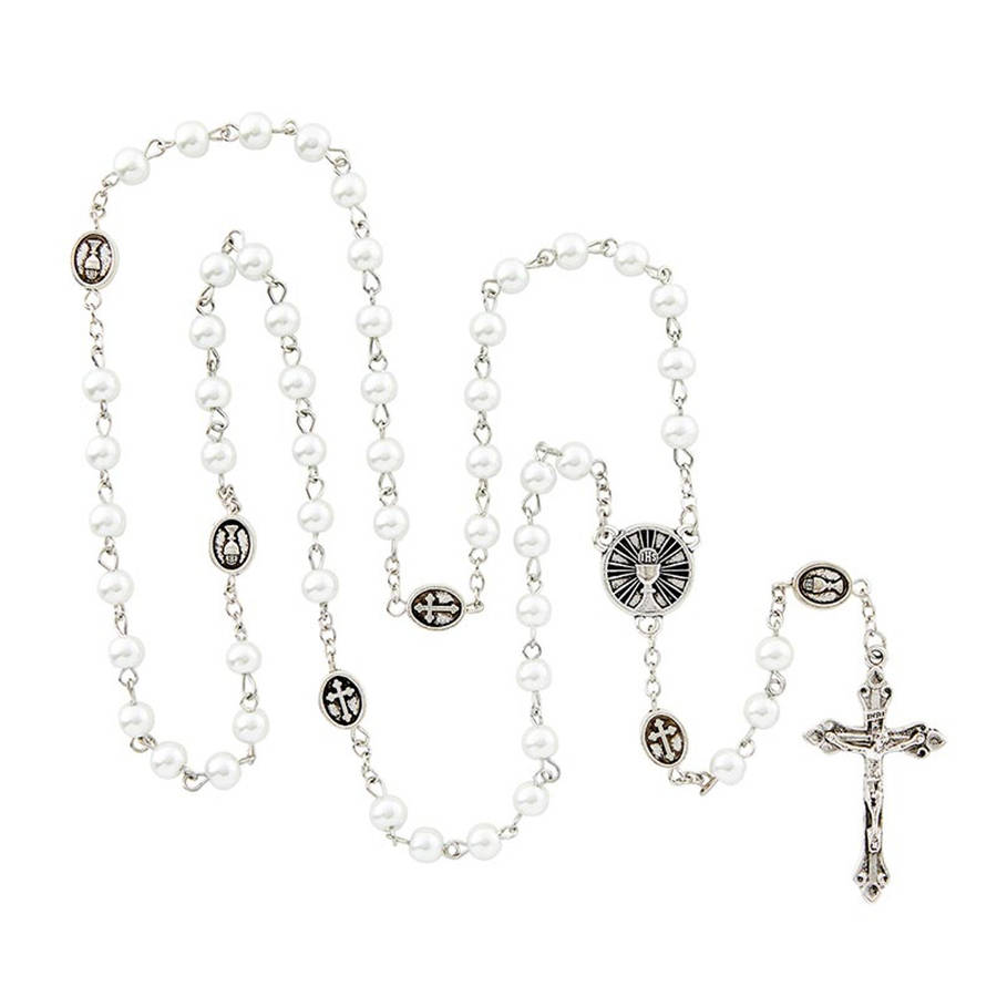 First Holy Communion Faux Pearl Rosary with Chalice & Eucharist Mystery Beads
