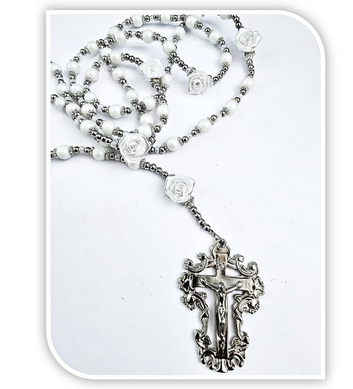 White Faux Frosted Glass Pearl Rosary with White Roses