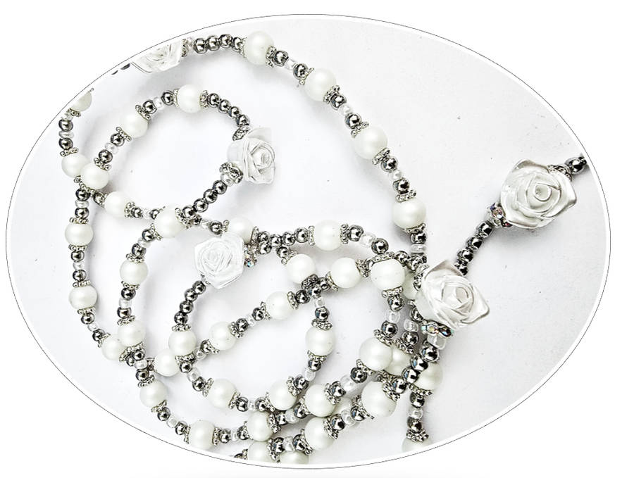 White Faux Frosted Glass Pearl Rosary with White Roses
