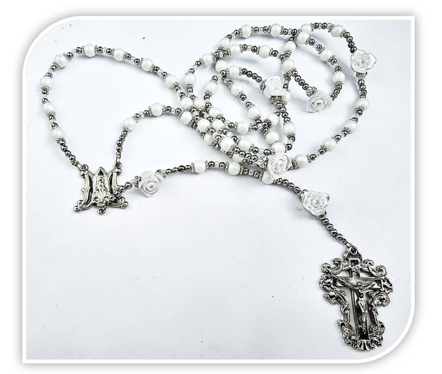 White Faux Frosted Glass Pearl Rosary with White Roses