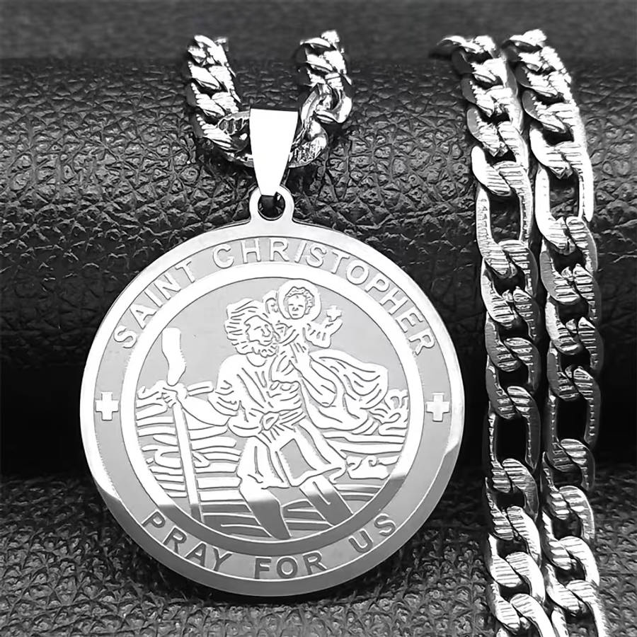 Stainless Steel St Christopher Pendant with 54cm Figaro Chain