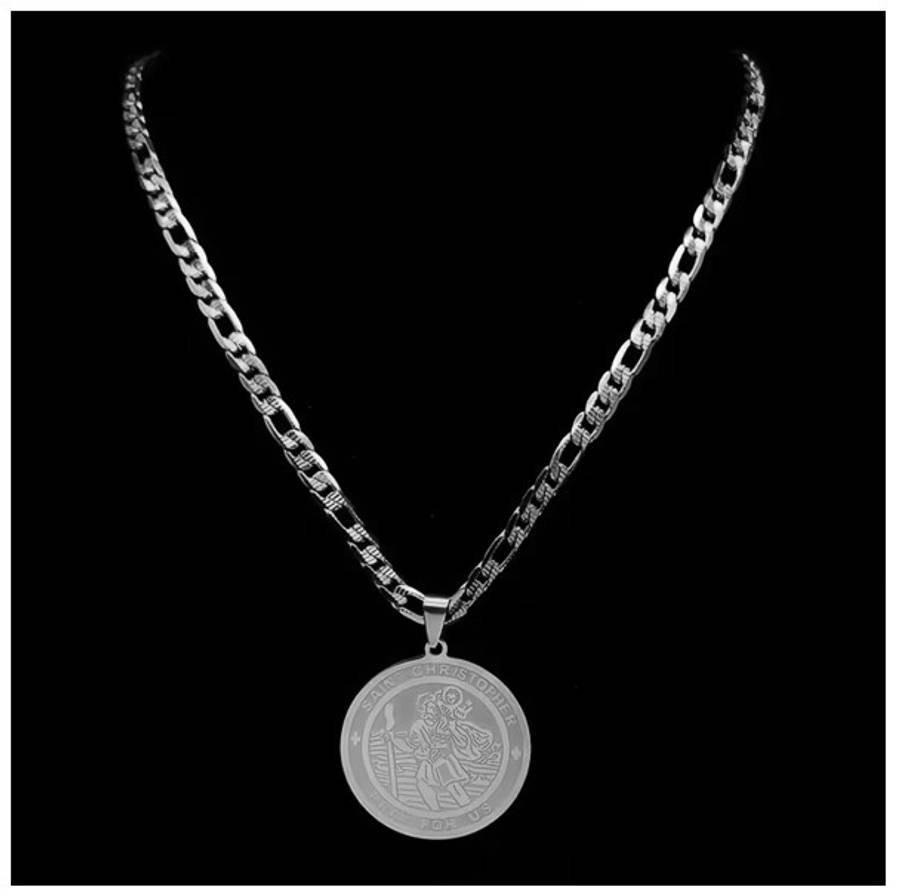 Stainless Steel St Christopher Pendant with 54cm Figaro Chain