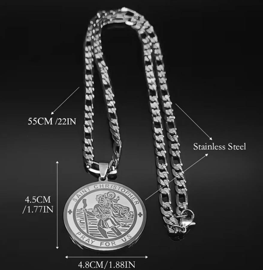 Stainless Steel St Christopher Pendant with 54cm Figaro Chain