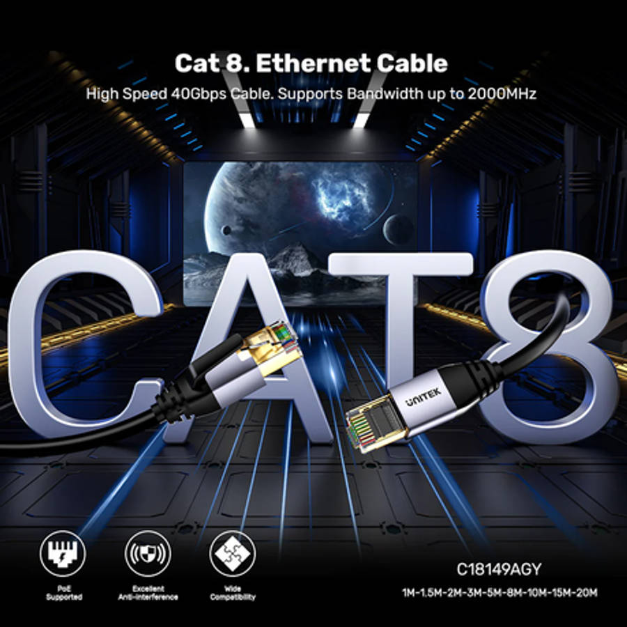 Unitek - Cat8 Ethernet bandwidth 2000MHz speed up to 40Gbps 10m M2M cable - Unitek - Cat8 Etherne...