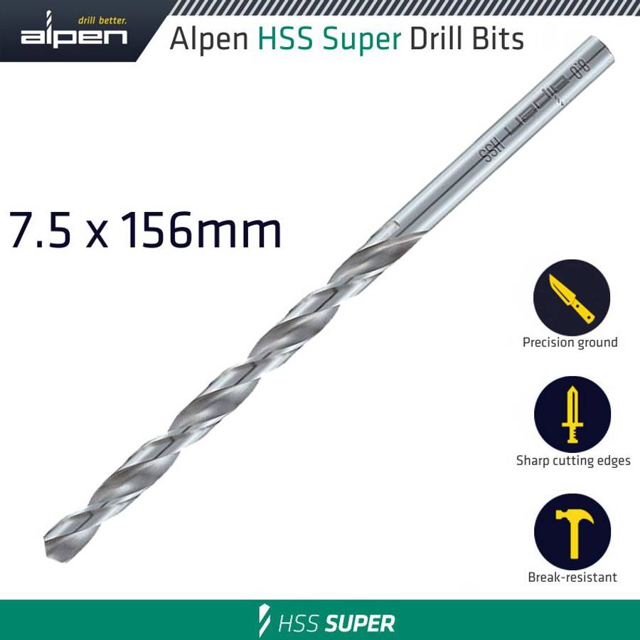 Alpen - Hss Drill Bit Long 7.5 X 156mm Bulk - Alpen - Hss Drill Bit Long 7.5 X 156mm Bulk