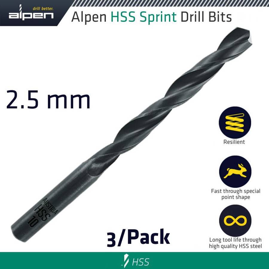 Alpen - Hss Sprint Drill Bit 2.5mm 3/Pack - Alpen - Hss Sprint Drill Bit 2.5mm 3/Pack