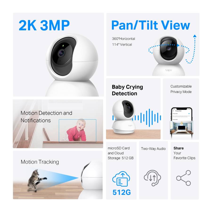 Tp-Link - Tapo C210P2 (2-Pack) Pan/Tilt 2K 3MP Wi-Fi Security Camera - Tp-Link - Tapo C210P2 (2-P...