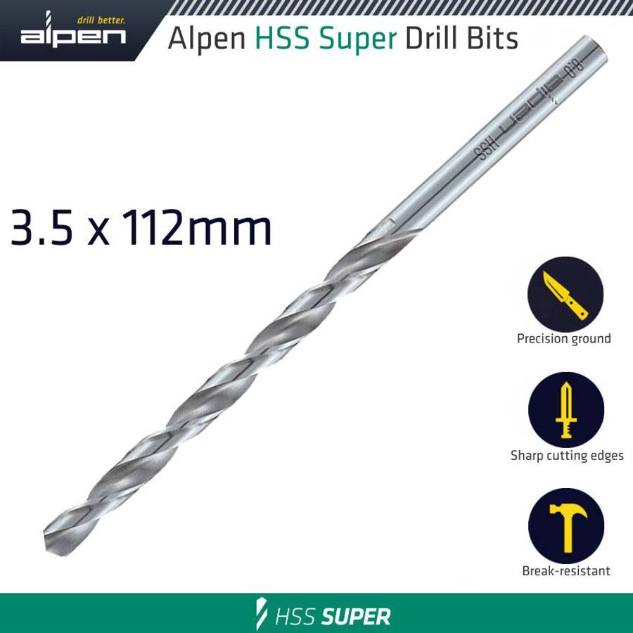 Alpen - Hss Drill Bit Long 3.5 X 112mm Bulk - Alpen - Hss Drill Bit Long 3.5 X 112mm Bulk