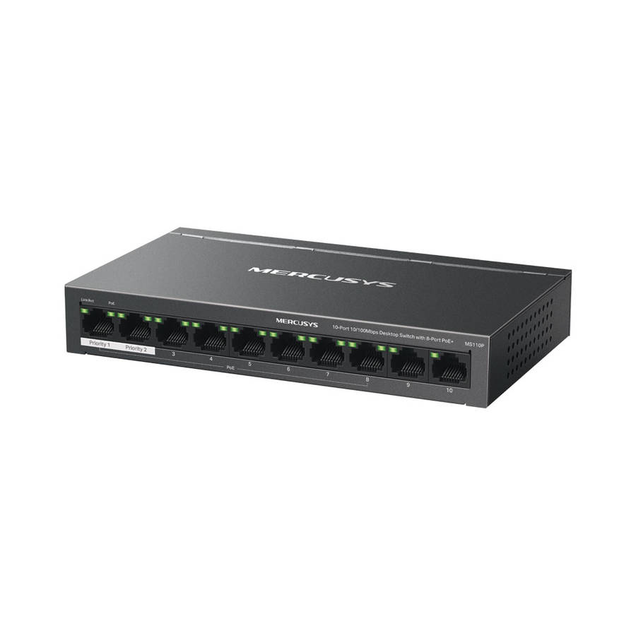 Mercusys - Tp-Link - Mercusys MS110P 10-Port 10/100Mbps Desktop Switch with 8-Port PoE+ - Mercusy...