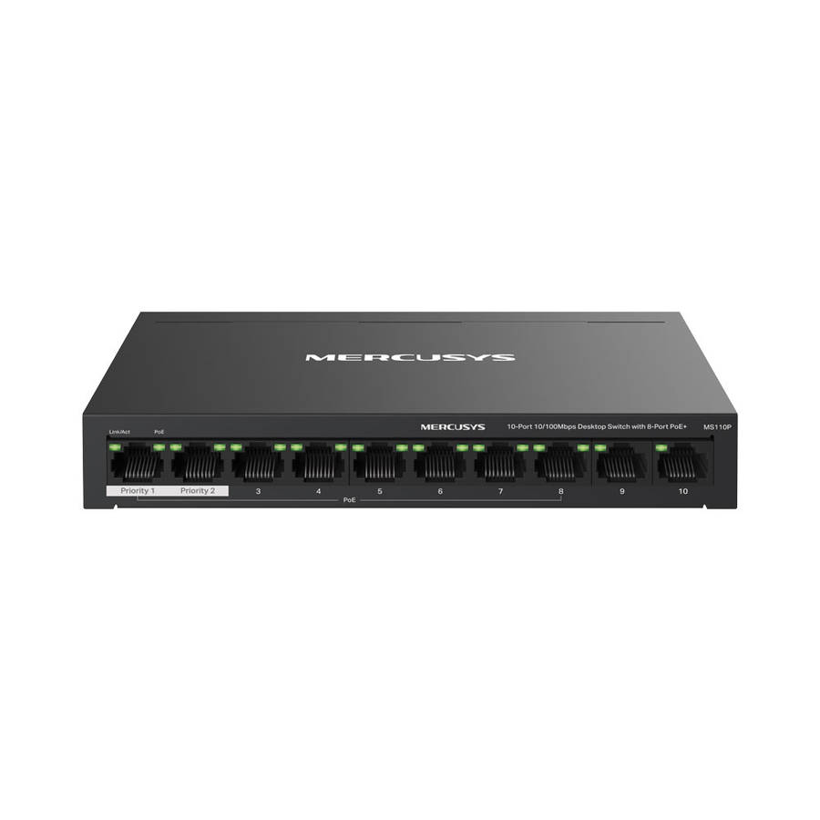 Mercusys - Tp-Link - Mercusys MS110P 10-Port 10/100Mbps Desktop Switch with 8-Port PoE+ - Mercusy...