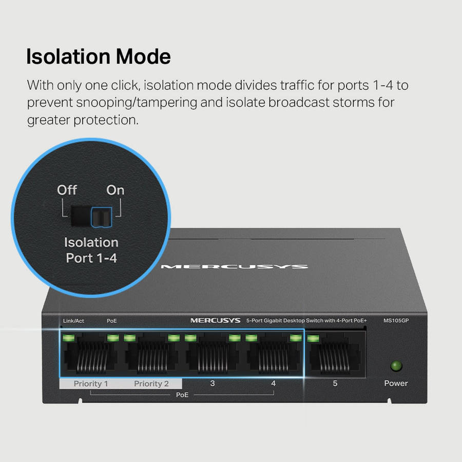 Mercusys - Tp-Link - Mercusys MS105GP 5-Port Gigabit Desktop Switch with 4-Port PoE+ - Mercusys -...