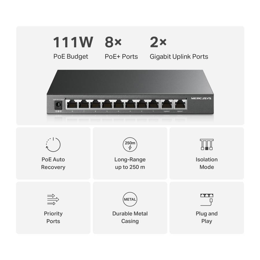Mercusys - Ms110Gmp 10-Port Gigabit Desktop Switch With 8-Port Poe+ - Mercusys - Ms110Gmp 10-Port...