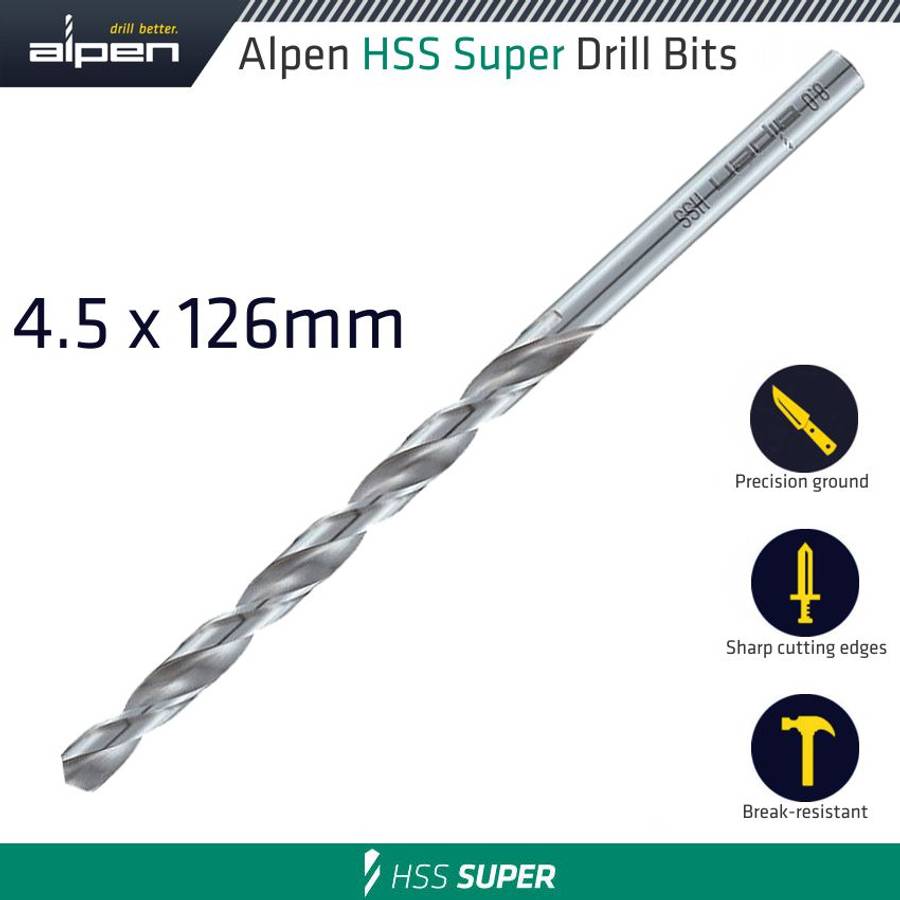 Alpen - Hss Drill Bit Long 4.5 X 126mm Bulk - Alpen - Hss Drill Bit Long 4.5 X 126mm Bulk