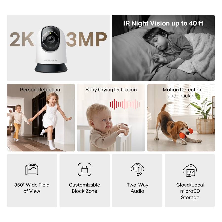 Mercusys - MC210 2K 3MP Pan/Tilt WiFi Security Camera with Night Vision Audio - Mercusys - MC210 ...