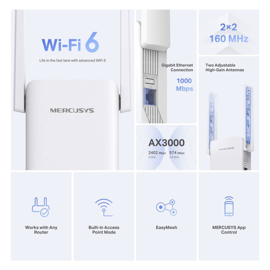Mercusys - ME80X AX3000 Wi-Fi 6 Range Extender Dual Band - Mercusys - ME80X AX3000 Wi-Fi 6 Range ...