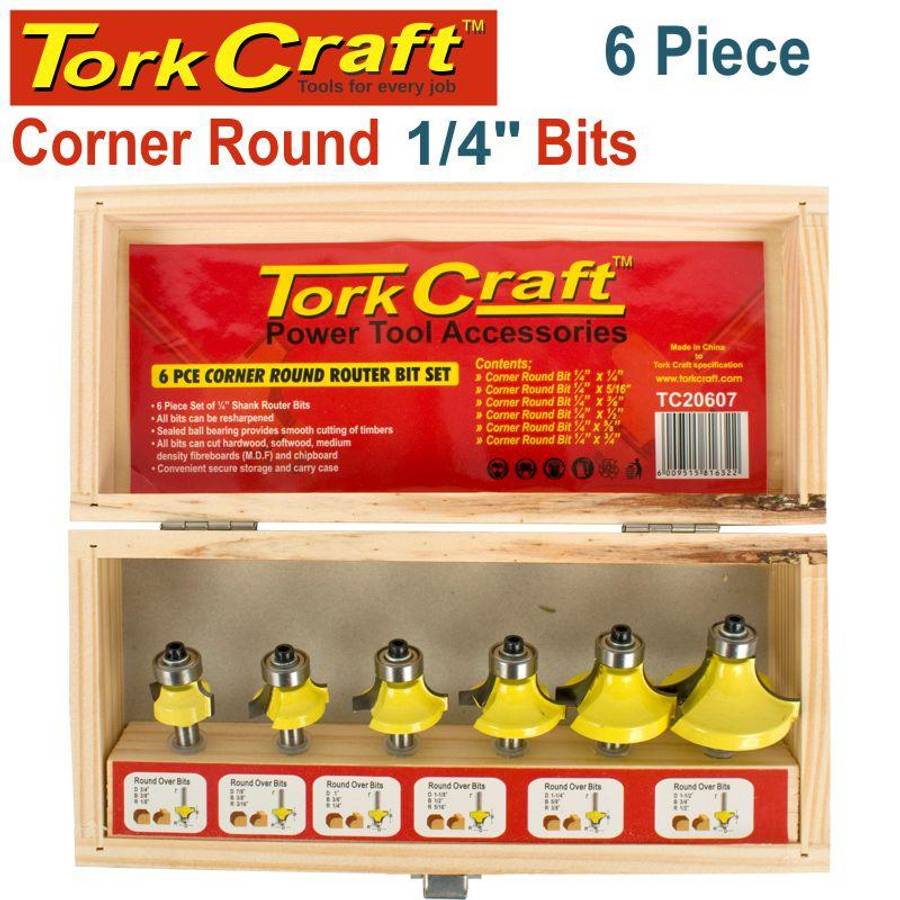 TORK CRAFT Router Bit Set 6Pc Corner Round Wood Case