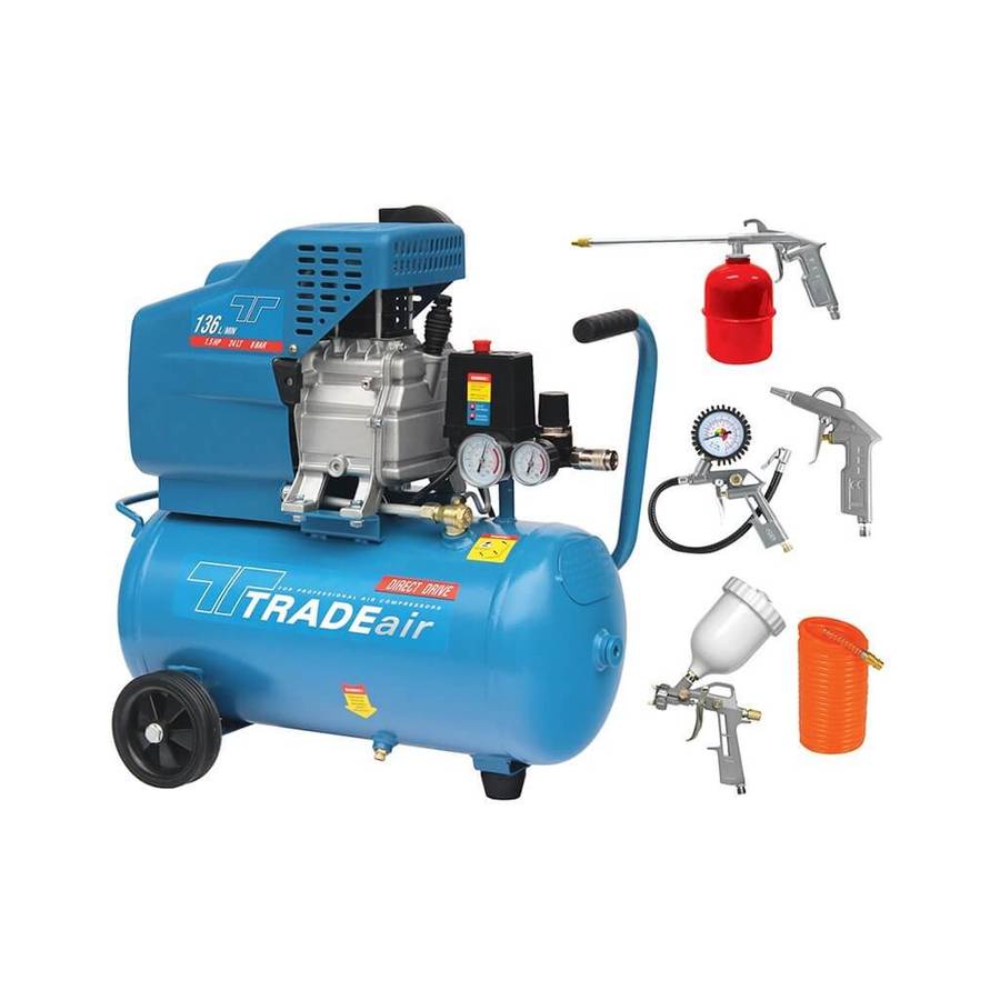 TRADEAIR MCFRC108 Direct Drive Air Compressor, Lubricated, with 5 Piece Kit, 24L (1.1kW, 1.5hp, 2...