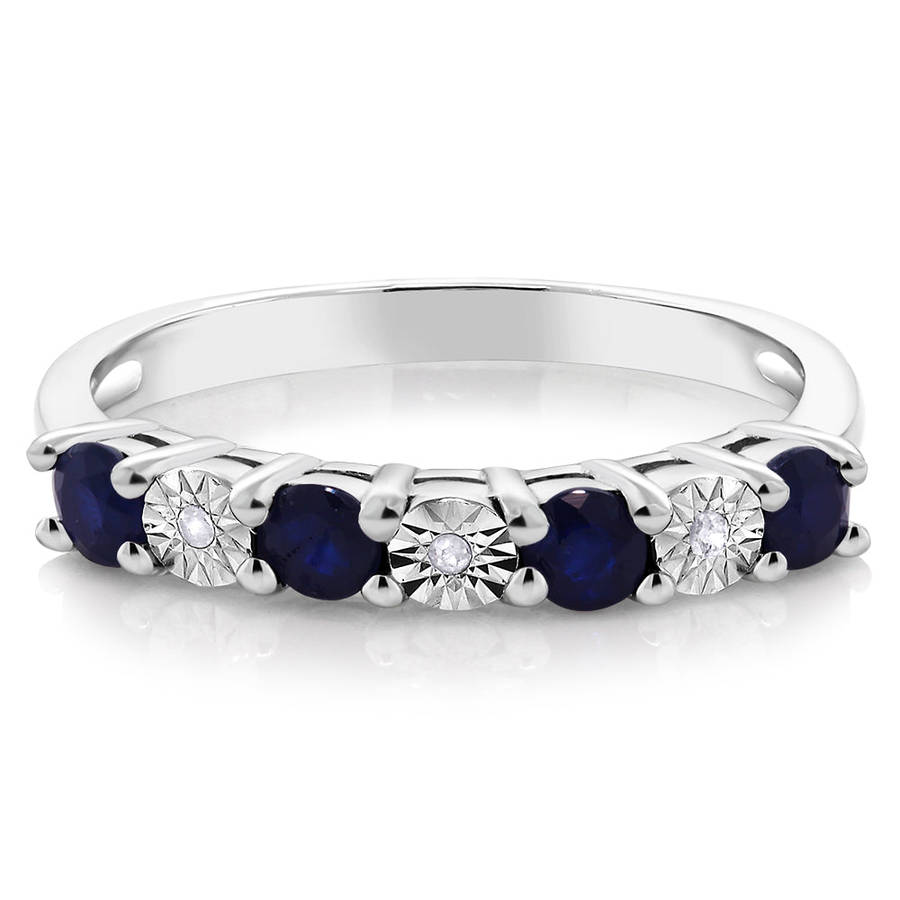 Diamond Ring  925 Sterling Silver 0.029 Cttw Round Sapphire & White Diamond Engagement... - 7 / Blue