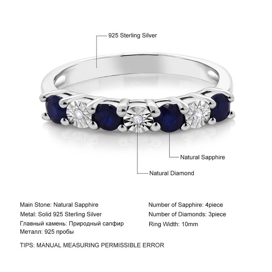 Diamond Ring  925 Sterling Silver 0.029 Cttw Round Sapphire & White Diamond Engagement... - 7 / Blue