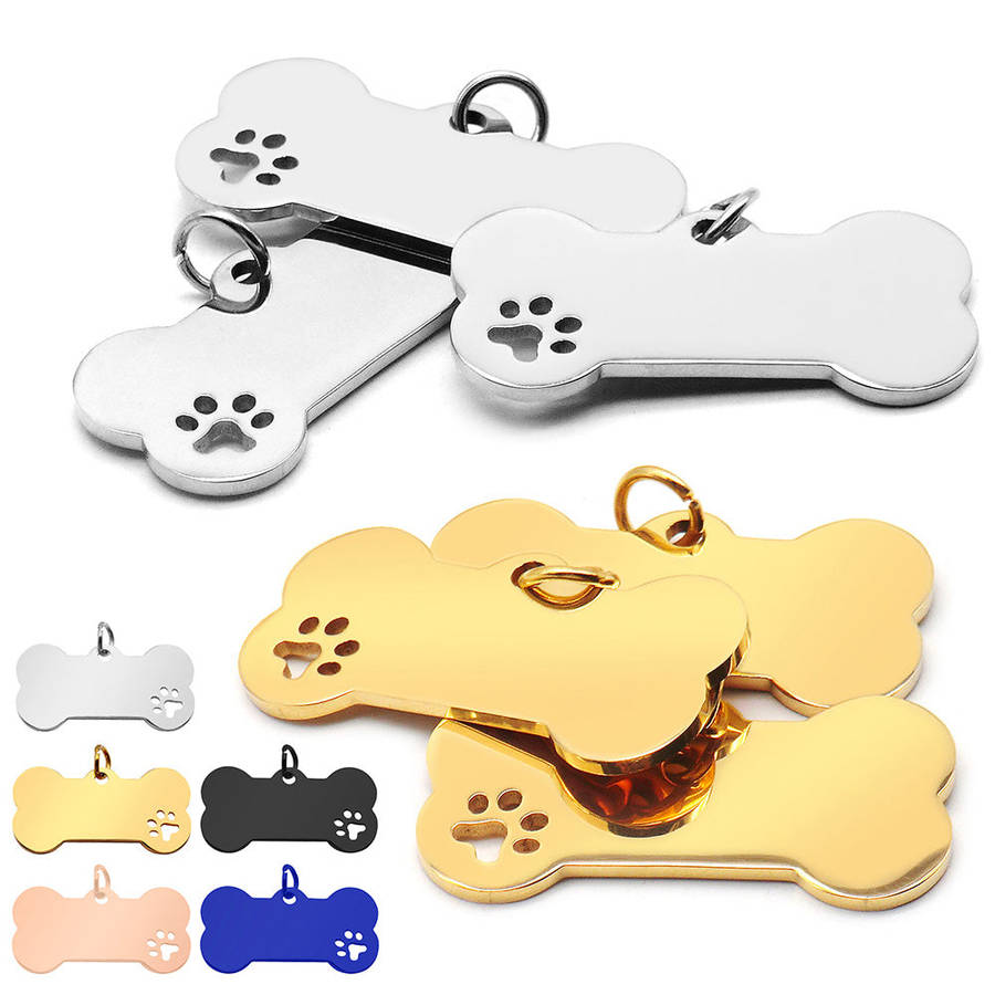 Laser Engraved Dog Bone Paw Print Tags Pendant Charm Dog ID Stainless Steel Blank Dog Tags