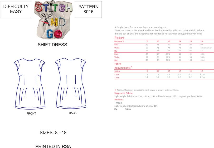 8016 Easy Shift Dress Pattern (Standard Printed Version) - Standard Printed pattern