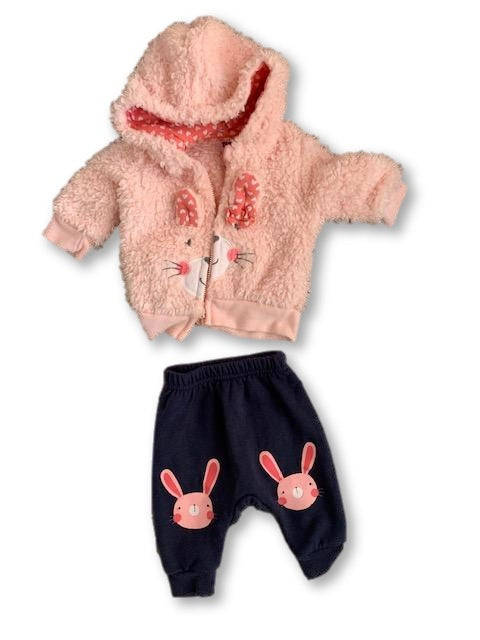 Newborn Pink Fluffy Zip-Up Hoodie and Navy Tracksuit Pants Set - Ackermans
