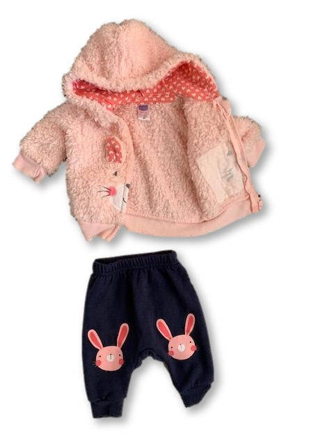 Newborn Pink Fluffy Zip-Up Hoodie and Navy Tracksuit Pants Set - Ackermans
