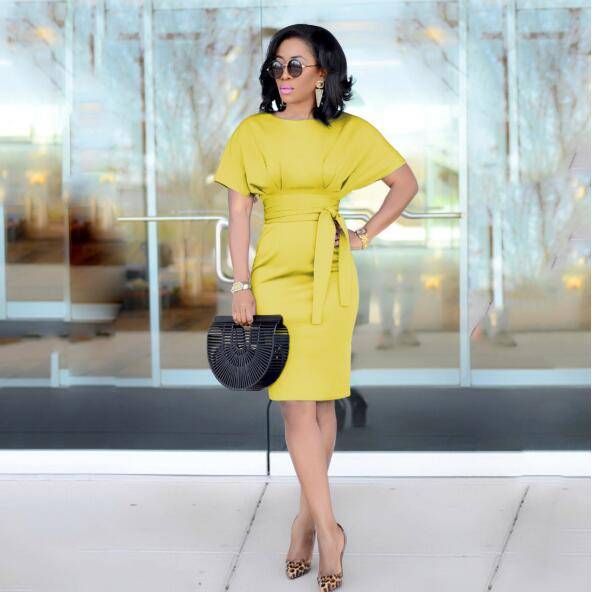 Elegant Solid Office Ladies Dresses - S / Blue