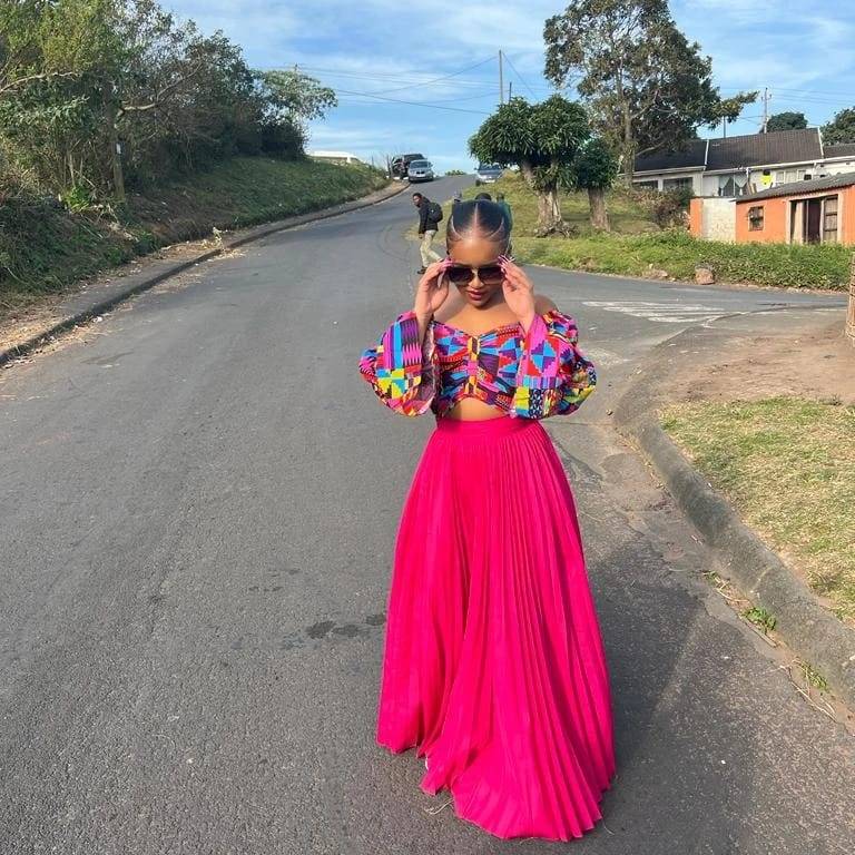 High Waisted Pleated Skirt and Long Sleeve Crop Top