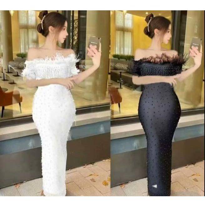 Beaded Off Shoulder Feather Dress