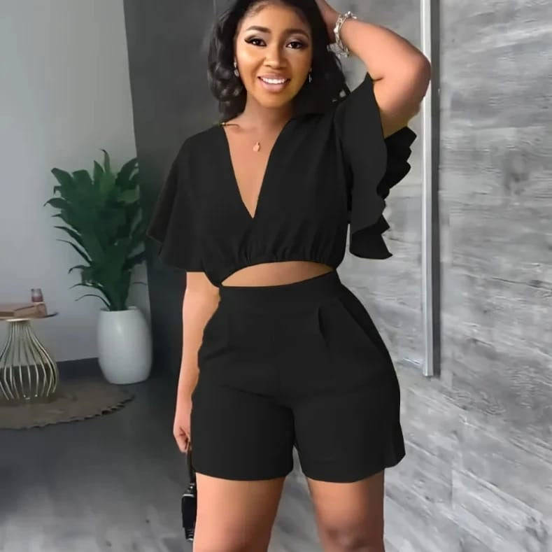 Deep V-Neck Crop Top and Short Set