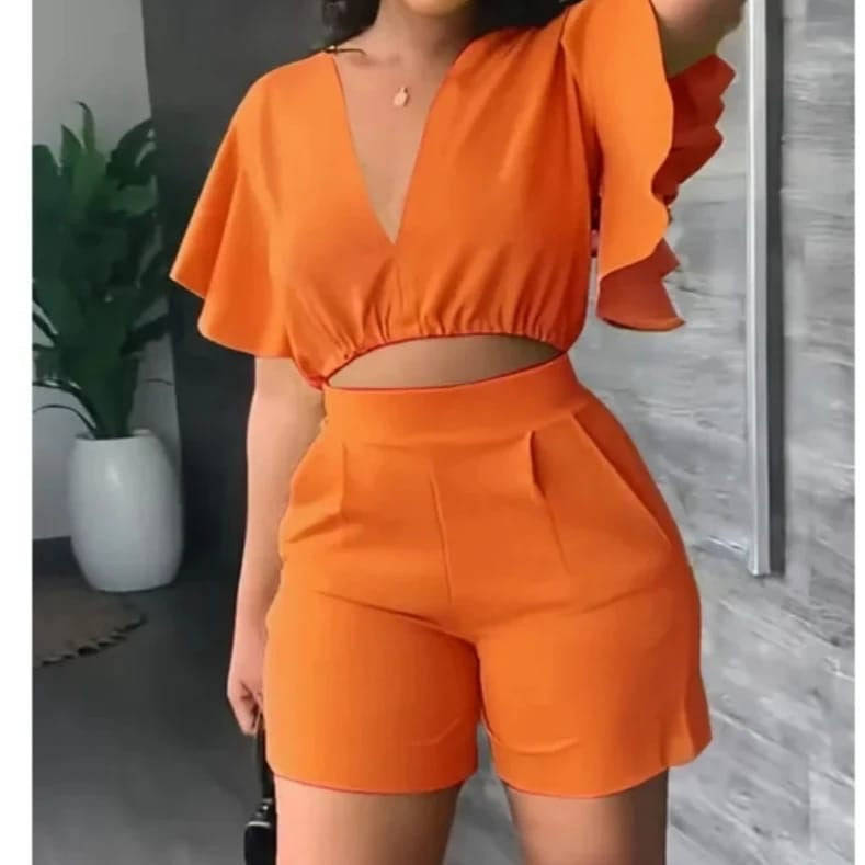 Deep V-Neck Crop Top and Short Set