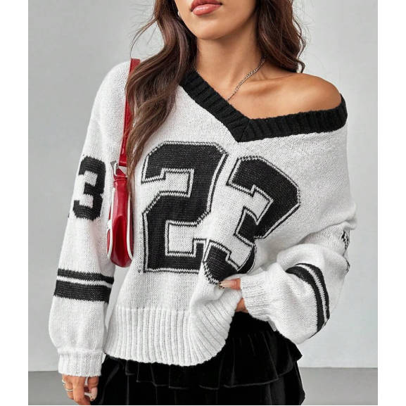 Numerical Pattern Long Sleeve Knitted Jersey
